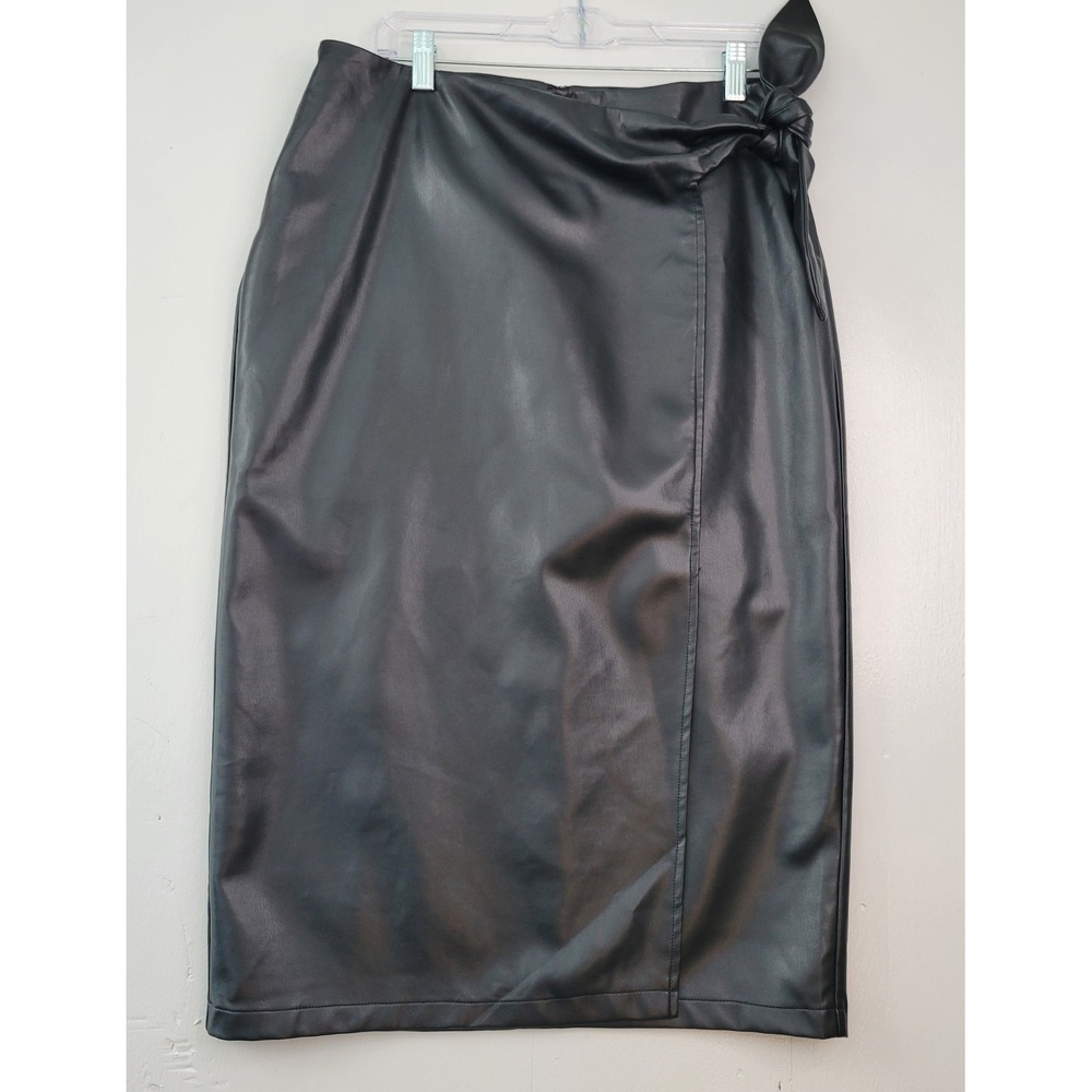 Forever 21 Black Faux Leather Wrap Midi Skirt XL Women's Tie‎ Waist Zip Hook